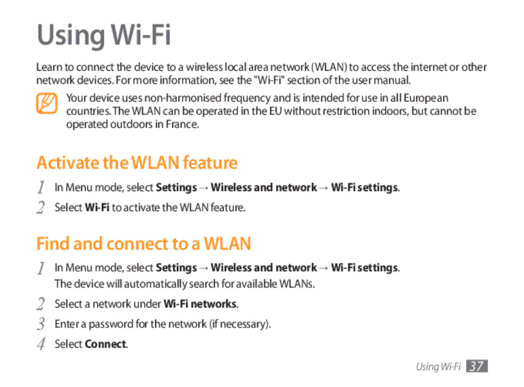 Samsung GT-P1000CWAFOP, GT-P1000CWAXEU, GT-P1000CWAVD2 Using Wi-Fi, Activate the Wlan feature, Find and connect to a Wlan 