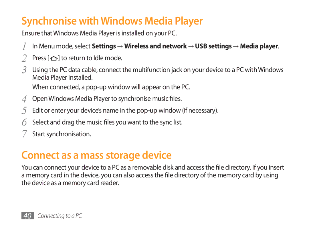 Samsung GT-P1000CWAYOG, GT-P1000CWAXEU manual Synchronise with Windows Media Player, Connect as a mass storage device 