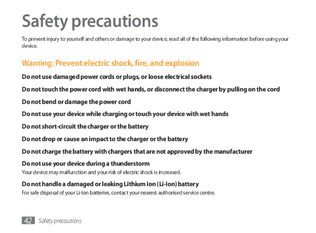 Samsung GT-P1000CWDXEC, GT-P1000CWAXEU, GT-P1000CWAVD2, GT-P1000MSADBT, GT-P1000CWAEPL, GT-P1000CWAMOB manual Safety precautions 