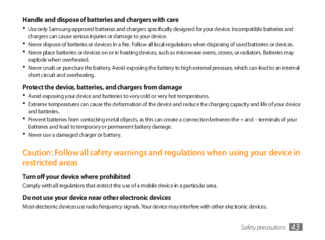 Samsung GT-P1000CWAATL manual Handle and dispose of batteries and chargers with care, Turn off your device where prohibited 