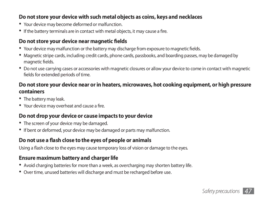 Samsung GT-P1000MSAAFR manual Do not store your device near magnetic fields, Ensure maximum battery and charger life 
