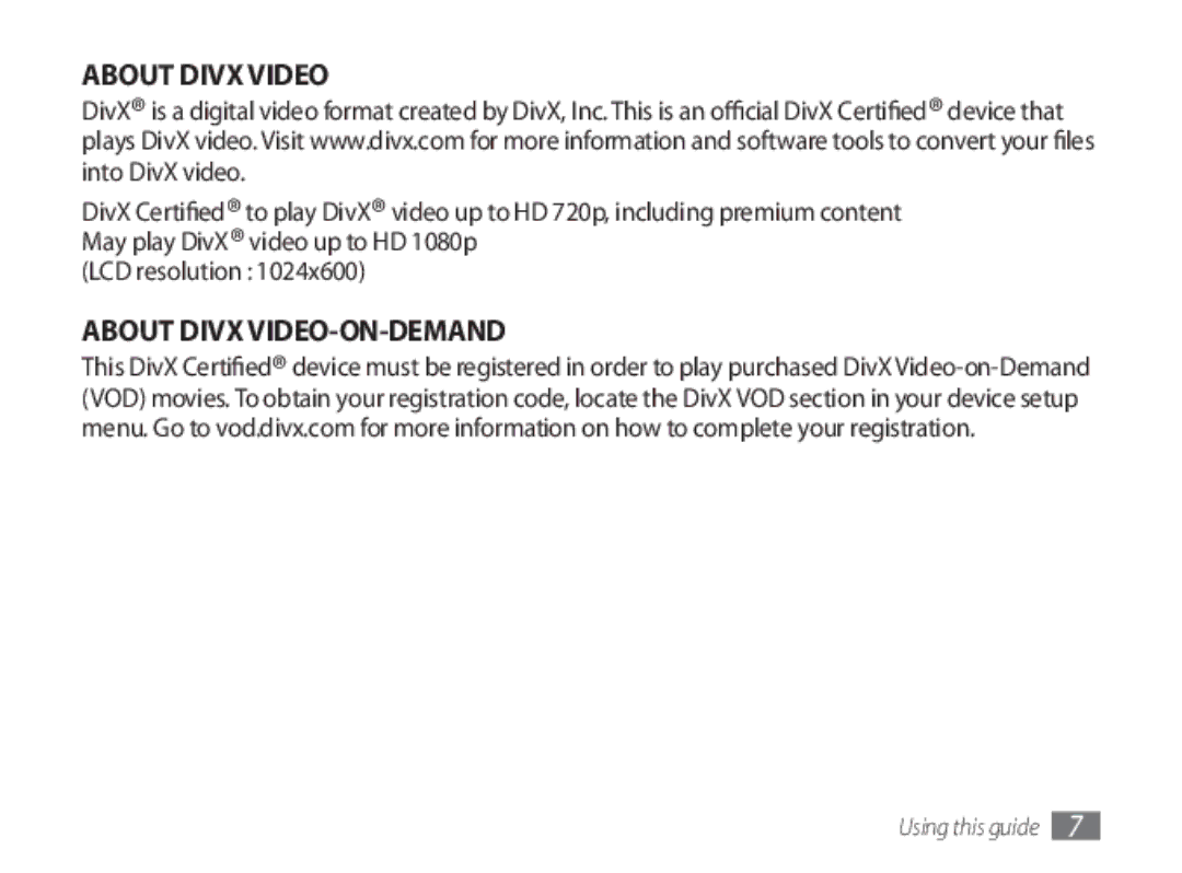 Samsung GT-P1000MSAVIA, GT-P1000CWAXEU, GT-P1000CWAVD2, GT-P1000MSADBT, GT-P1000CWAEPL manual About Divx VIDEO-ON-DEMAND 