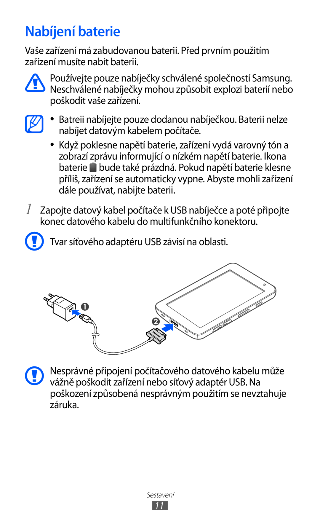 Samsung GT-P1000CWASMO, GT-P1000CWAXEU, GT-P1000MSADBT, GT-P1000CWAXEF, GT-P1000MSAXEF, GT-P1000CWASFR manual Nabíjení baterie 