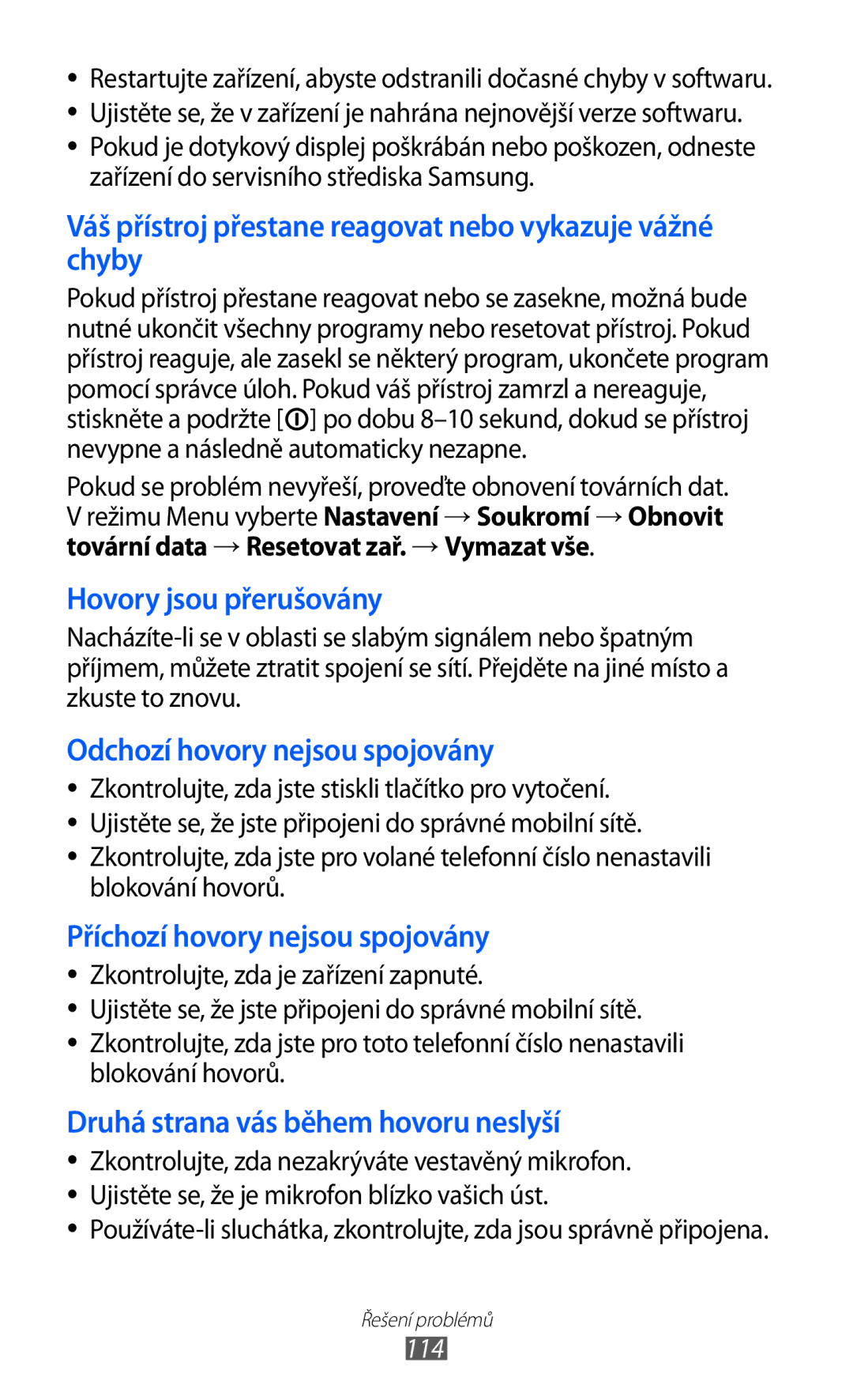 Samsung SWG-P1000CWPTR, GT-P1000CWAXEU, GT-P1000MSADBT manual Váš přístroj přestane reagovat nebo vykazuje vážné chyby, 114 