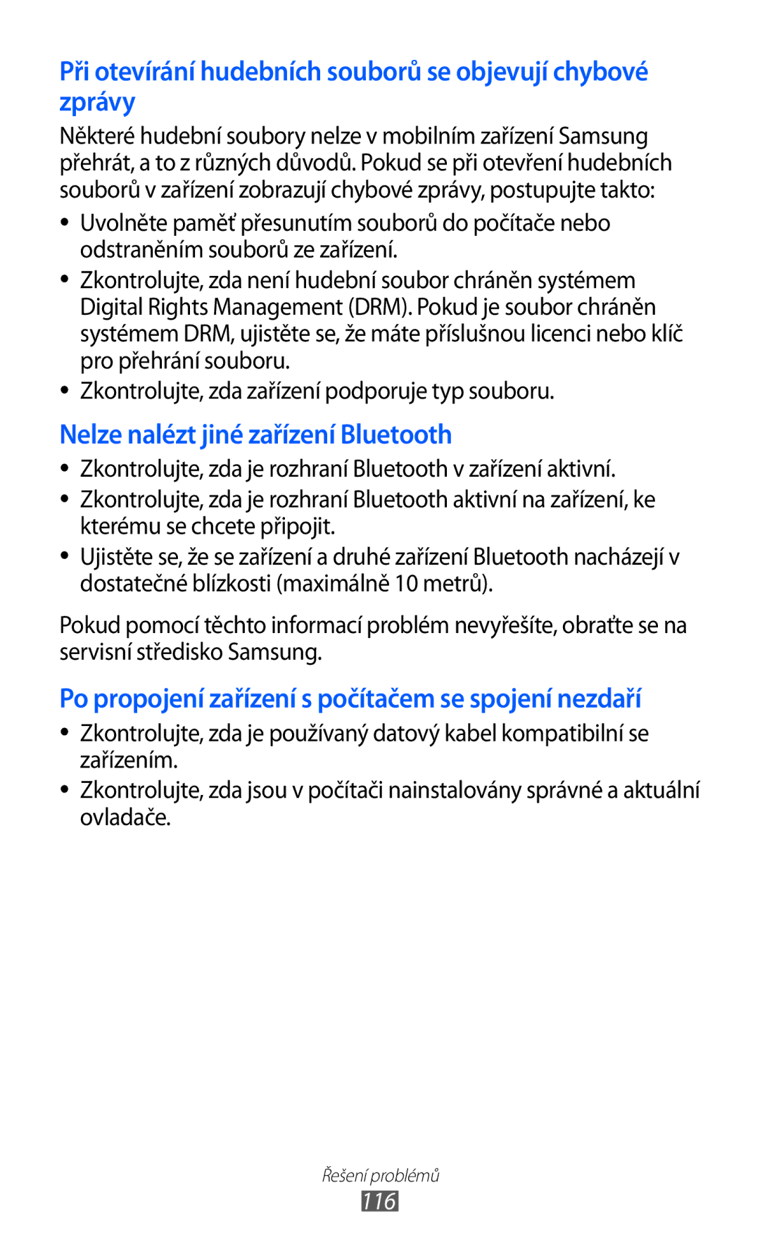 Samsung GT-P1000MSAMID, GT-P1000CWAXEU, GT-P1000MSADBT manual Při otevírání hudebních souborů se objevují chybové zprávy, 116 