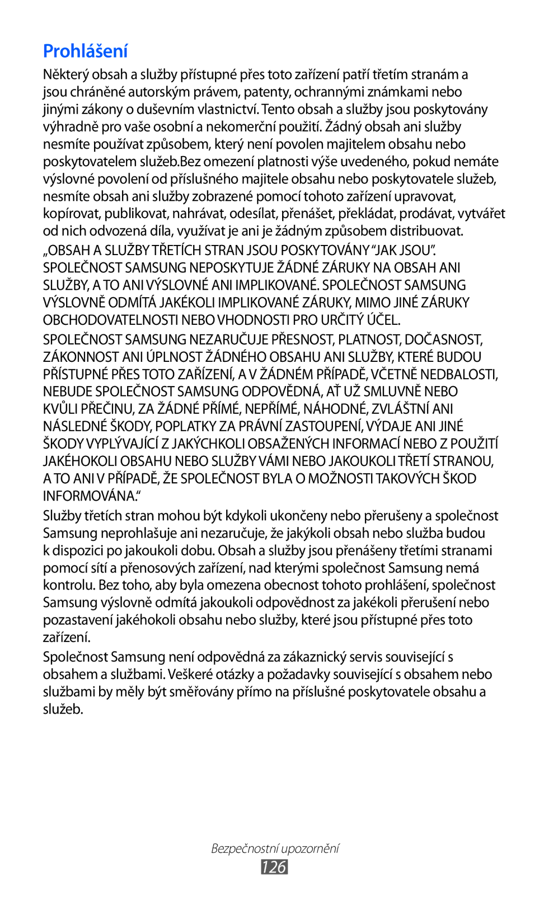 Samsung GT-P1000CWAO2I, GT-P1000CWAXEU, GT-P1000MSADBT, GT-P1000CWAXEF, GT-P1000MSAXEF, GT-P1000CWASFR manual Prohlášení, 126 