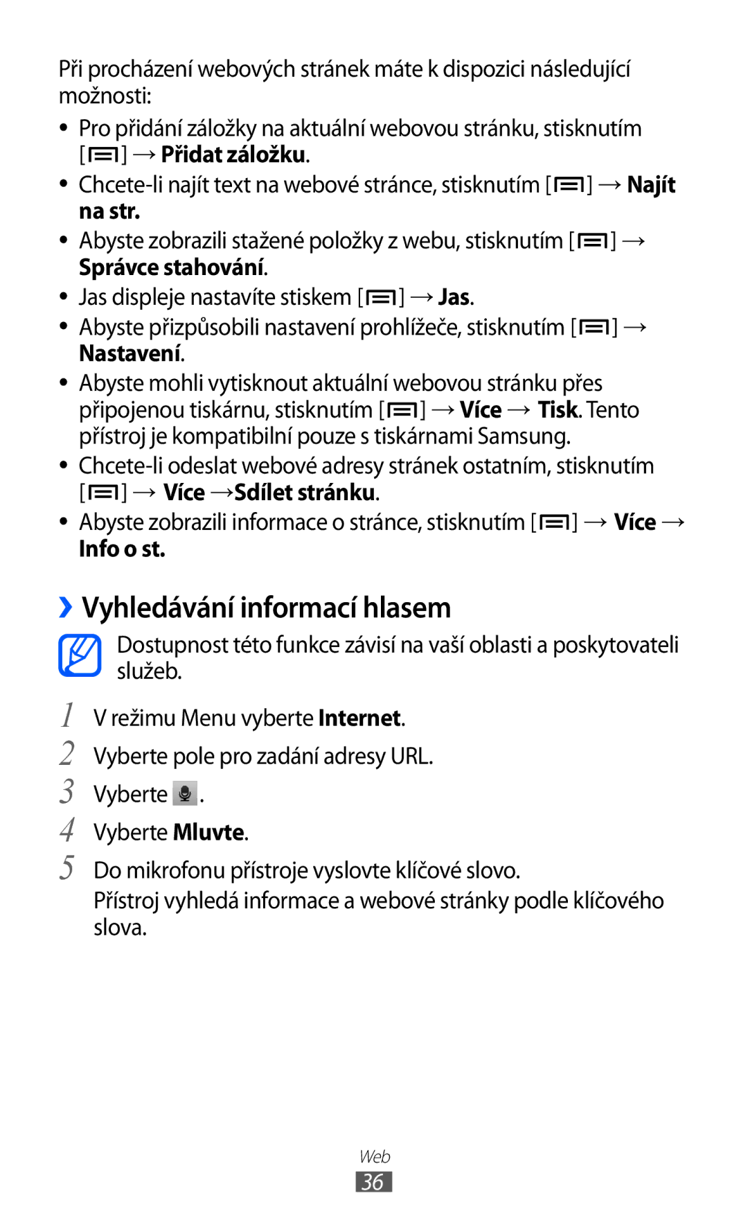 Samsung GT-P1000MSEARB, GT-P1000CWAXEU, GT-P1000MSADBT ››Vyhledávání informací hlasem, Na str, → Jas, Nastavení, Info o st 