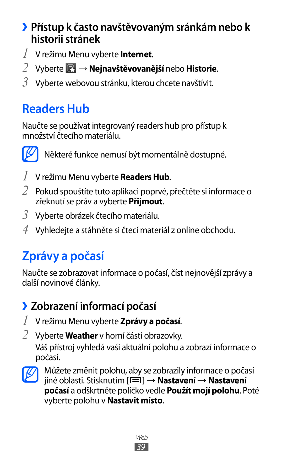 Samsung GT-P1000MSAXSS, GT-P1000CWAXEU, GT-P1000MSADBT manual Readers Hub, Zprávy a počasí, ››Zobrazení informací počasí 