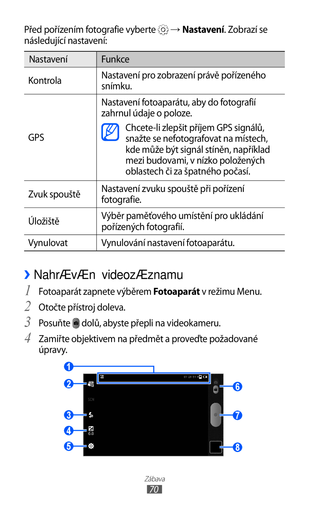 Samsung GT-P1000CWAVIP manual ››Nahrávání videozáznamu, Mezi budovami, v nízko položených, Oblastech či za špatného počasí 