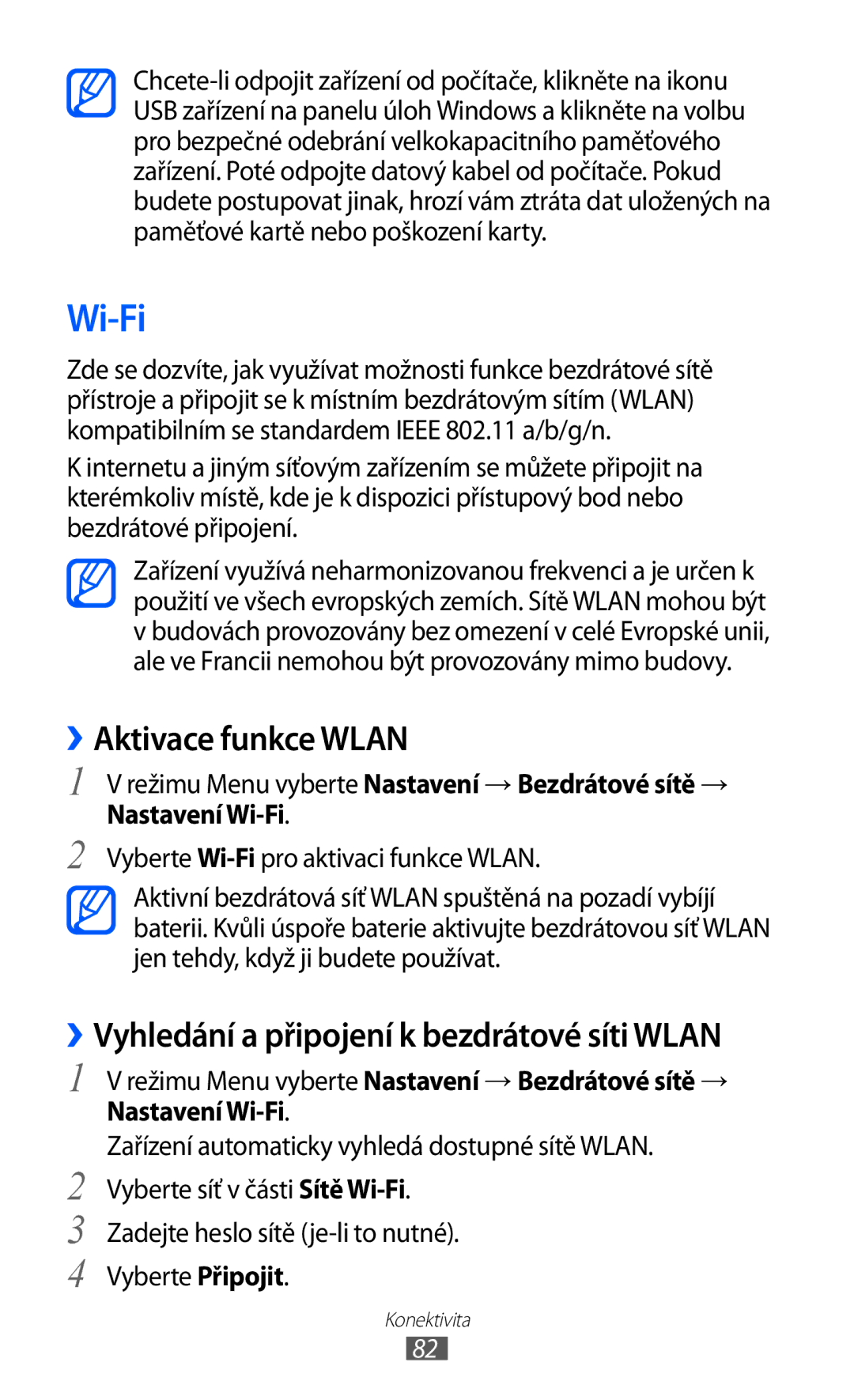 Samsung GT-P1000CWAXSE, GT-P1000CWAXEU manual Wi-Fi, ››Aktivace funkce Wlan, ››Vyhledání a připojení k bezdrátové síti Wlan 