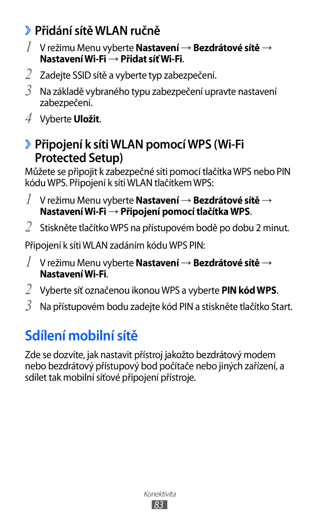 Samsung GT-P1000CWAXEH, GT-P1000CWAXEU, GT-P1000MSADBT, GT-P1000CWAXEF manual Sdílení mobilní sítě, ››Přidání sítě Wlan ručně 