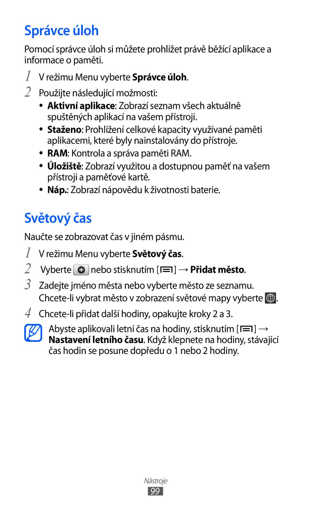 Samsung GT-P1000CWFPLS, GT-P1000CWAXEU, GT-P1000MSADBT, GT-P1000CWAXEF, GT-P1000MSAXEF manual Správce úloh, Světový čas 