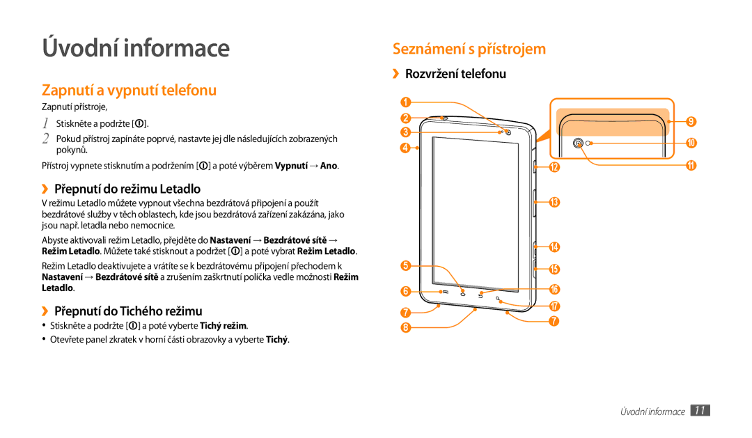 Samsung GT-P1000CWASMO, GT-P1000CWAXEU manual Úvodní informace, Zapnutí a vypnutí telefonu, ››Přepnutí do režimu Letadlo 