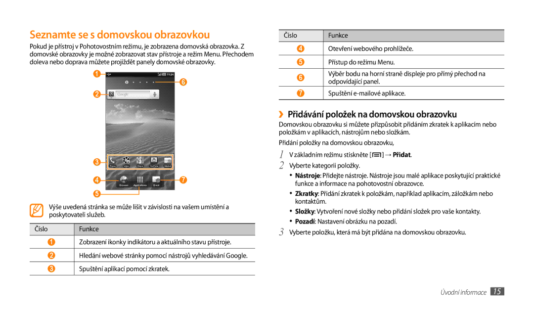 Samsung GT-P1000CWAAMN, GT-P1000CWAXEU manual Seznamte se s domovskou obrazovkou, ››Přidávání položek na domovskou obrazovku 