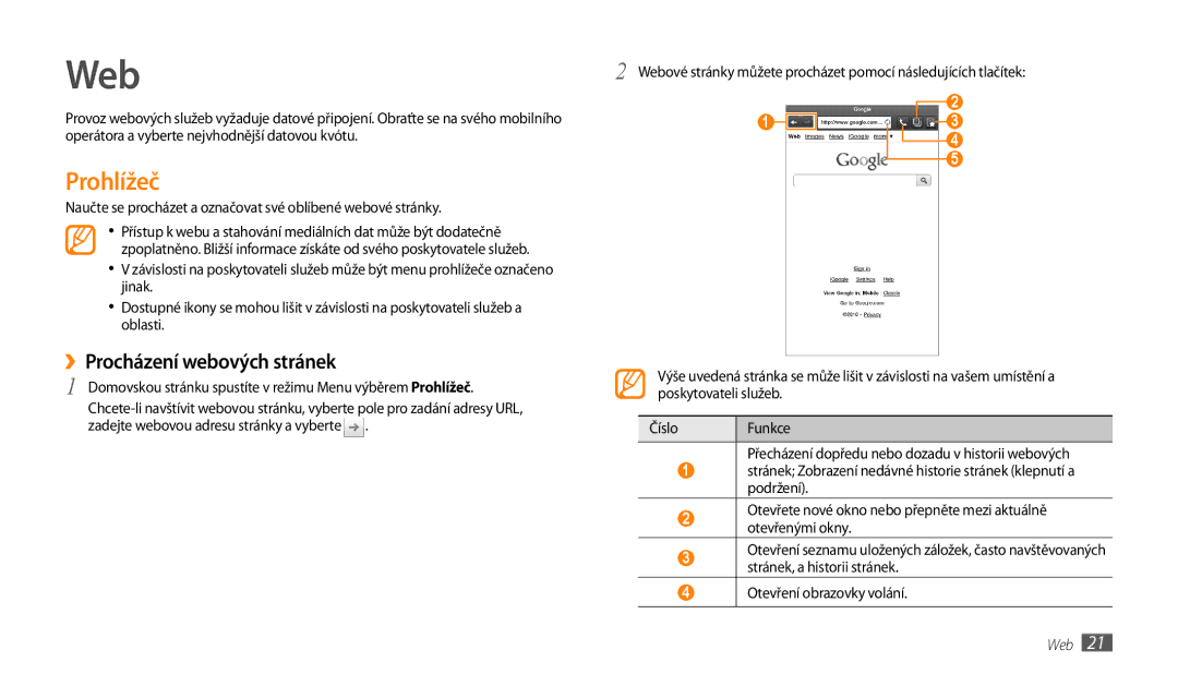 Samsung GT-P1000CWEXEC, GT-P1000CWAXEU, GT-P1000MSADBT, GT-P1000CWAXEF manual Web, Prohlížeč, ››Procházení webových stránek 