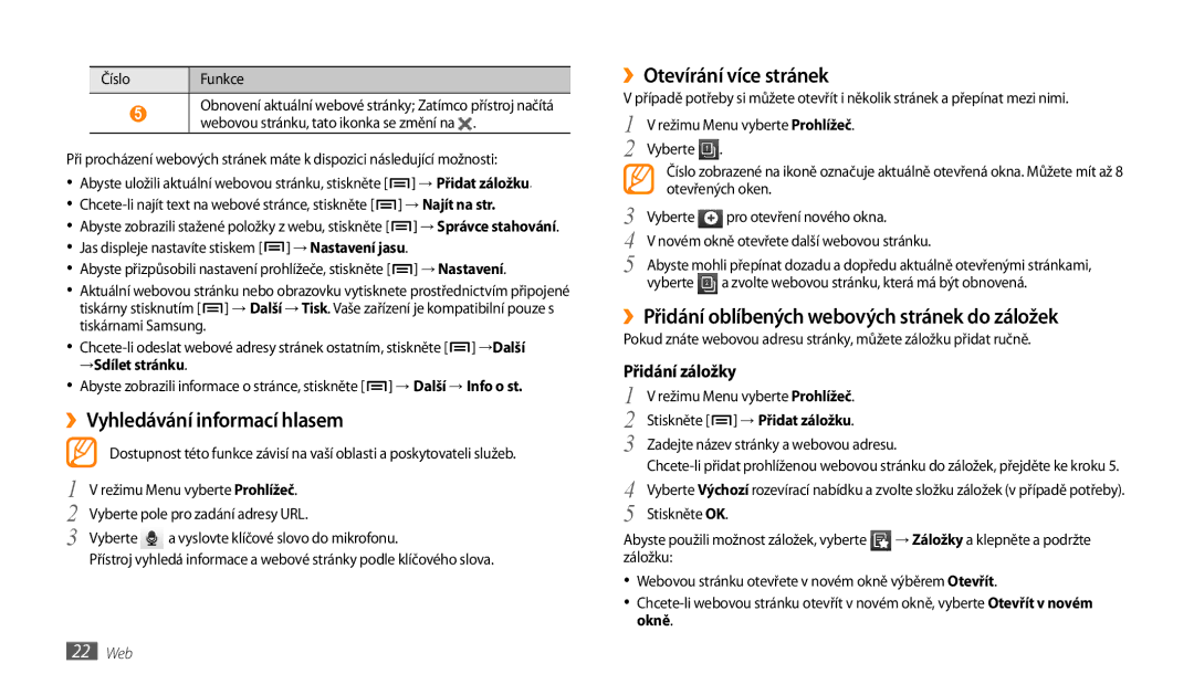 Samsung GT-P1000CWEATL, GT-P1000CWAXEU manual ››Vyhledávání informací hlasem, ››Otevírání více stránek, Přidání záložky 