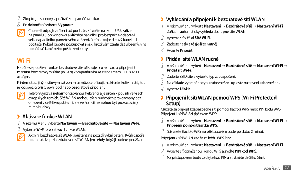 Samsung GT-P1000MSEXSG, GT-P1000CWAXEU manual Wi-Fi, ››Aktivace funkce Wlan, ››Vyhledání a připojení k bezdrátové síti Wlan 