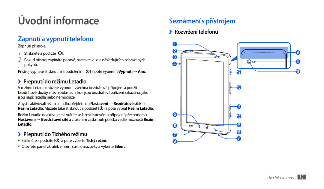 Samsung GT-P1000CWASMO Úvodní informace, Zapnutí a vypnutí telefonu, ››Přepnutí do režimu Letadlo, Stiskněte a podržte 