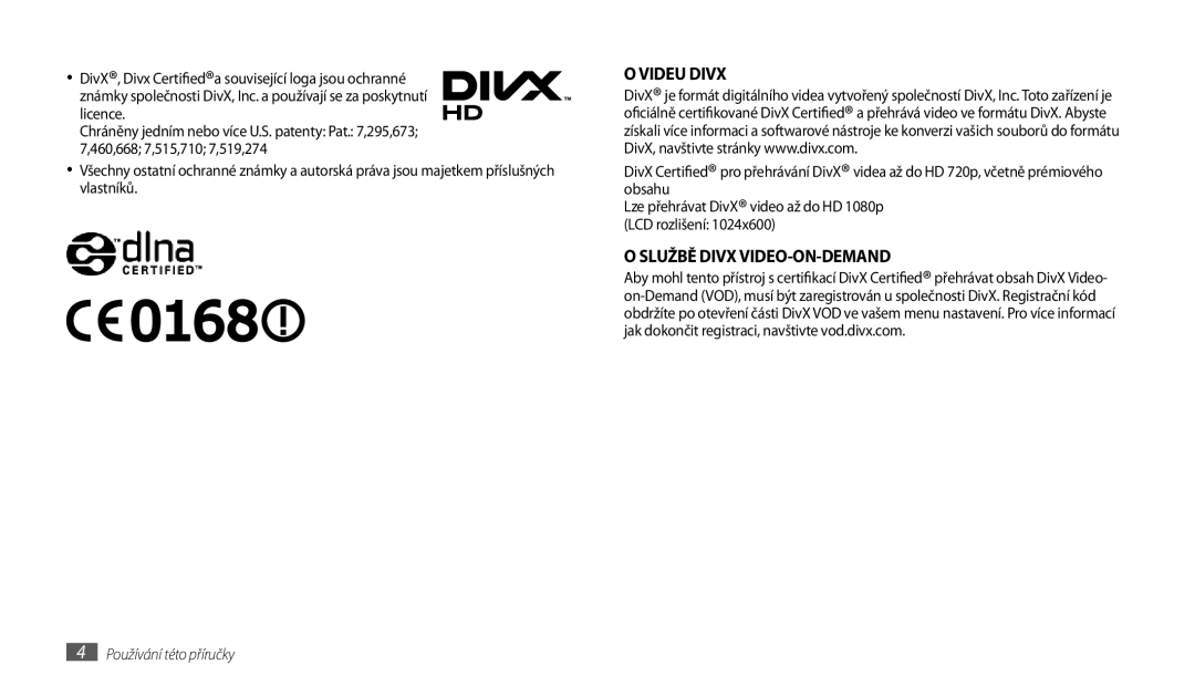 Samsung GT-P1000CWASFR, GT-P1000CWAXEU O Videu Divx, O Službě Divx Video-On-Demand, 4 Používání této příručky, licence 