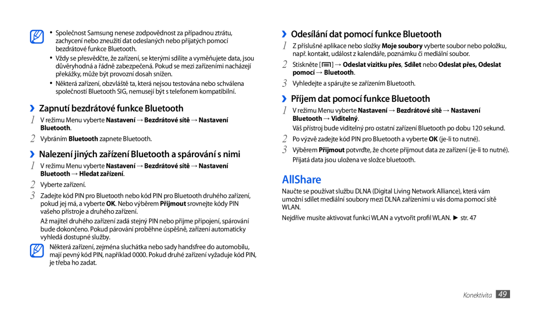 Samsung GT-P1000CWASKZ manual AllShare, ››Zapnutí bezdrátové funkce Bluetooth, ››Odesílání dat pomocí funkce Bluetooth 
