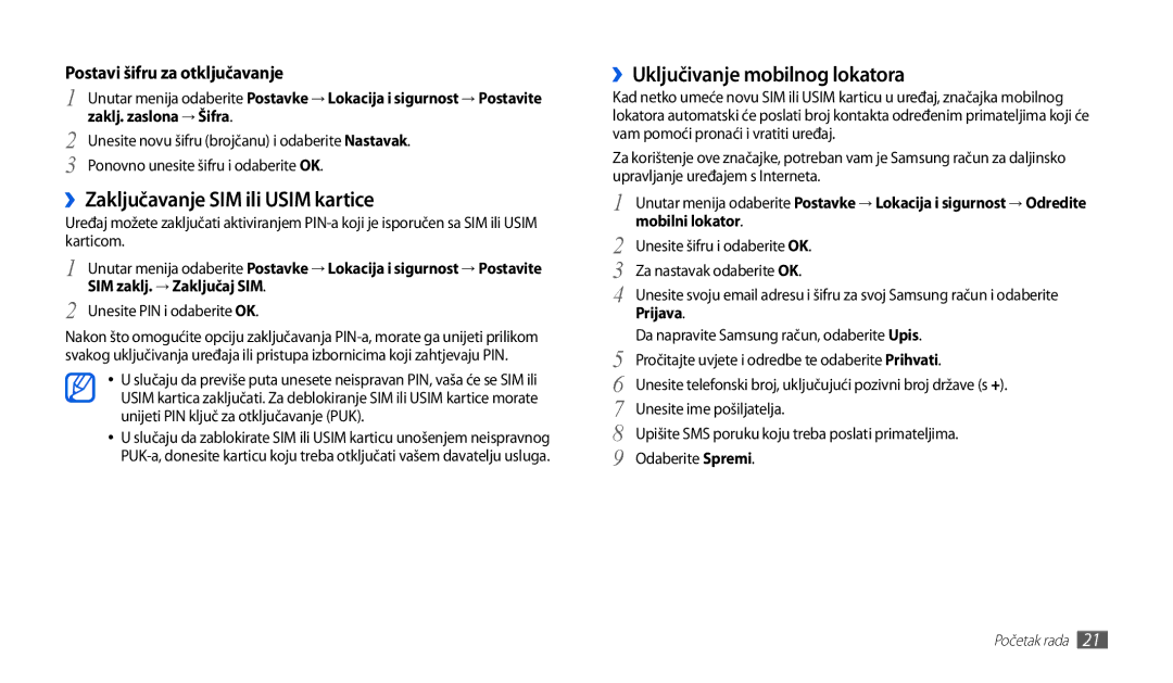 Samsung GT-P1000CWATRA, GT-P1000CWDMSR manual ››Zaključavanje SIM ili Usim kartice, ››Uključivanje mobilnog lokatora 