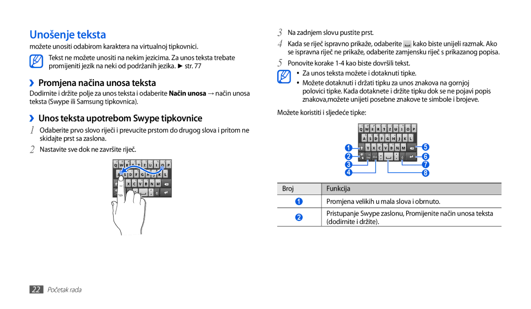 Samsung GT-P1000CWATWO manual Unošenje teksta, ››Promjena načina unosa teksta, ››Unos teksta upotrebom Swype tipkovnice 