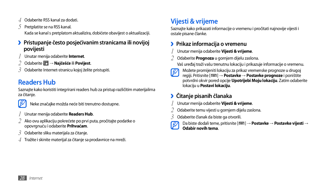 Samsung GT-P1000CWATWO manual Readers Hub, Vijesti & vrijeme, ››Prikaz informacija o vremenu, ››Čitanje pisanih članaka 