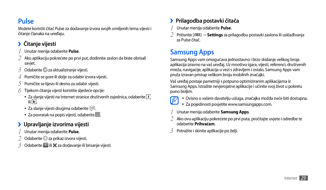 Samsung GT-P1000CWACRO, GT-P1000CWDMSR manual Pulse, Samsung Apps, ››Čitanje vijesti, ››Upravljanje izvorima vijesti 