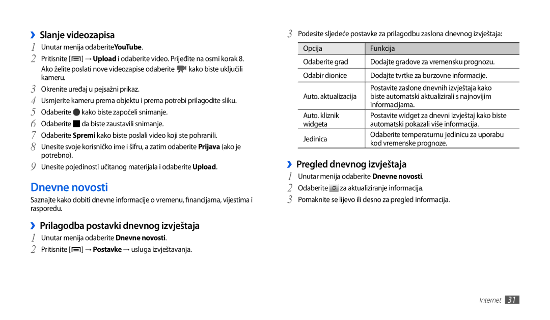 Samsung GT-P1000CWDMKO, GT-P1000CWDMSR manual Dnevne novosti, ››Slanje videozapisa, ››Prilagodba postavki dnevnog izvještaja 