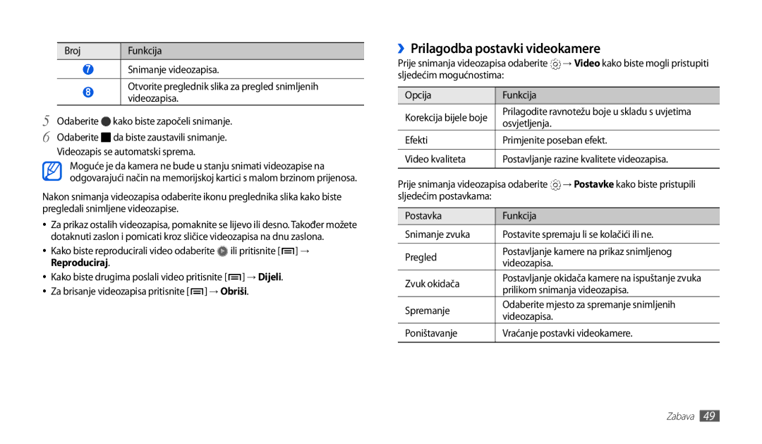 Samsung GT-P1000CWDMKO, GT-P1000CWDMSR, GT-P1000CWAVIP manual ››Prilagodba postavki videokamere, Reproduciraj, → Dijeli 