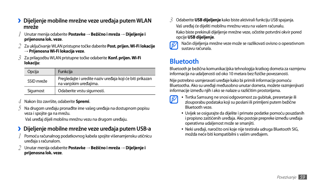 Samsung GT-P1000CWACRO, GT-P1000CWDMSR, GT-P1000CWDMKO Bluetooth, ››Dijeljenje mobilne mrežne veze uređaja putem Wlan mreže 