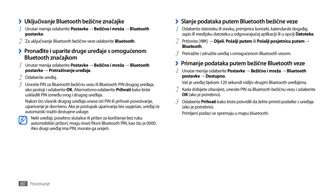 Samsung GT-P1000CWDMSR, GT-P1000CWDMKO, GT-P1000CWAVIP manual ››Uključivanje Bluetooth bežične značajke, Bluetooth značajkom 