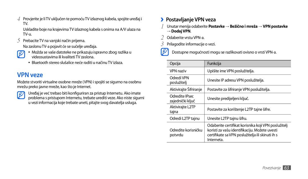 Samsung GT-P1000CWATRA, GT-P1000CWDMSR, GT-P1000CWDMKO, GT-P1000CWAVIP manual VPN veze, ››Postavljanje VPN veza, → Dodaj VPN 