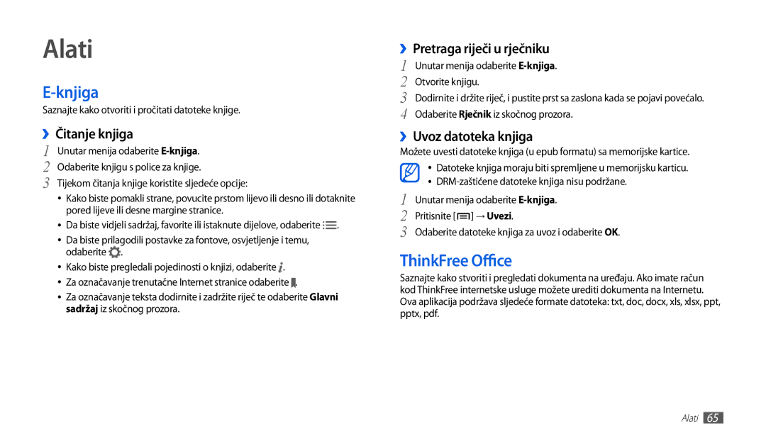 Samsung GT-P1000CWACRO, GT-P1000CWDMSR, GT-P1000CWDMKO, GT-P1000CWAVIP, GT-P1000CWATRA manual Alati, Knjiga, ThinkFree Office 