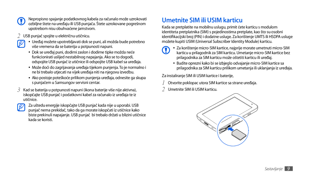 Samsung GT-P1000CWATRA, GT-P1000CWDMSR manual Umetnite SIM ili Usim karticu, USB punjač spojite u električnu utičnicu 