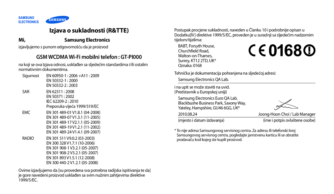 Samsung GT-P1000CWAVIP, GT-P1000CWDMSR, GT-P1000CWDMKO Izjava o sukladnosti R&TTE, GSM Wcdma Wi-Fi mobilni telefon GT-PI000 