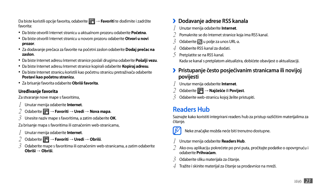 Samsung GT-P1000CWACRO, GT-P1000CWDMSR, GT-P1000CWDMKO manual Readers Hub, ››Dodavanje adrese RSS kanala, Uređivanje favorita 