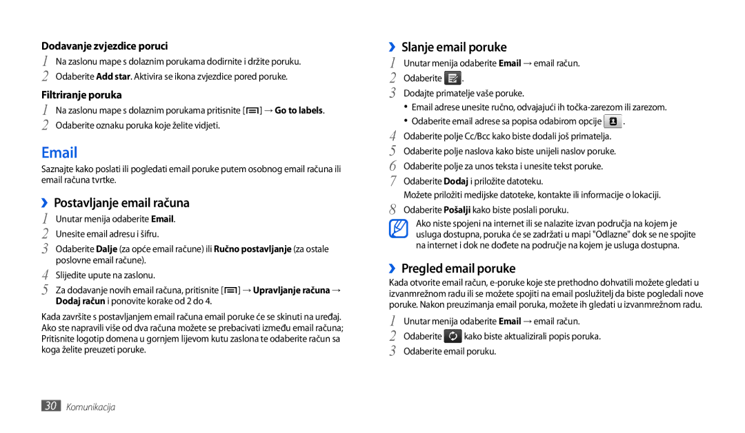 Samsung GT-P1000CWDMSR, GT-P1000CWDMKO manual ››Postavljanje email računa, Dodavanje zvjezdice poruci, Filtriranje poruka 