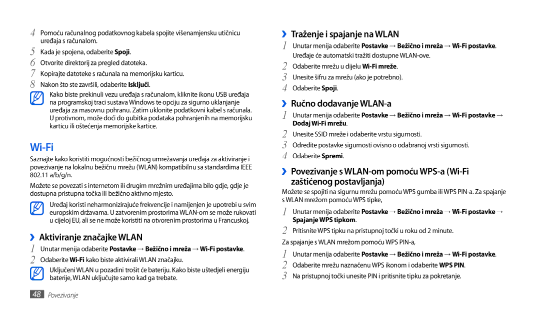 Samsung GT-P1000CWDMSR manual Wi-Fi, ››Aktiviranje značajke Wlan, ››Traženje i spajanje na Wlan, ››Ručno dodavanje WLAN-a 