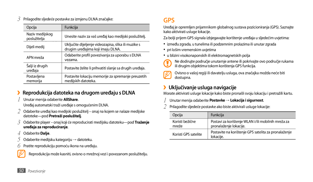 Samsung GT-P1000CWAVIP, GT-P1000CWDMSR ››Reprodukcija datoteka na drugom uređaju s Dlna, ››Uključivanje usluga navigacije 