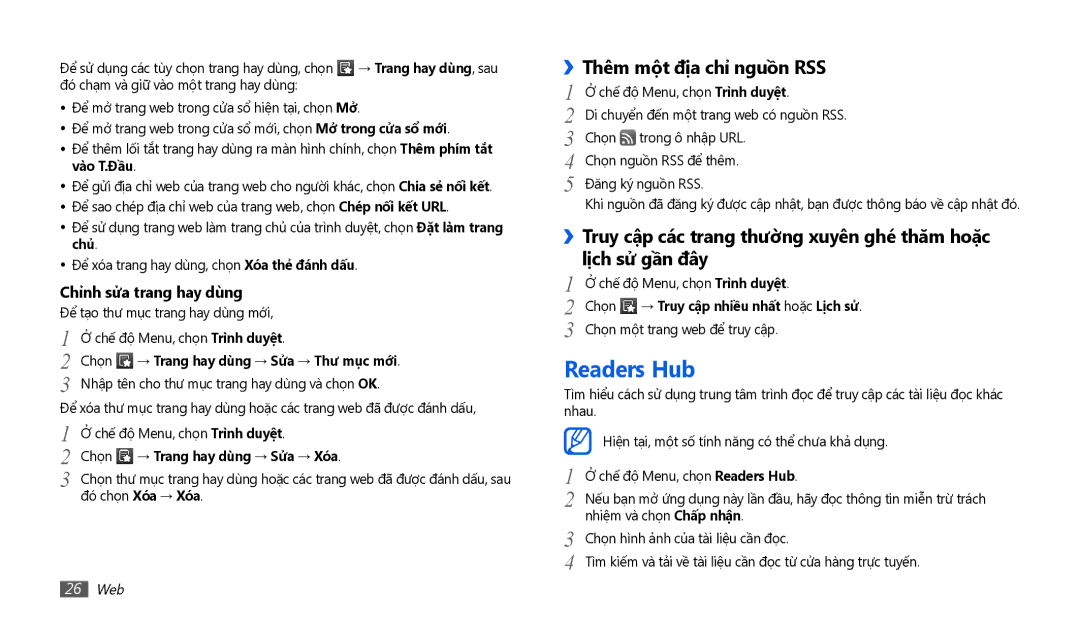 Samsung GT-P1000CWAXXV manual Readers Hub, Thêm một địa chỉ nguồn RSS, Chọn → Trang hay dùng → Sử̉a → Thư mụ̣c mới, 26 Web 