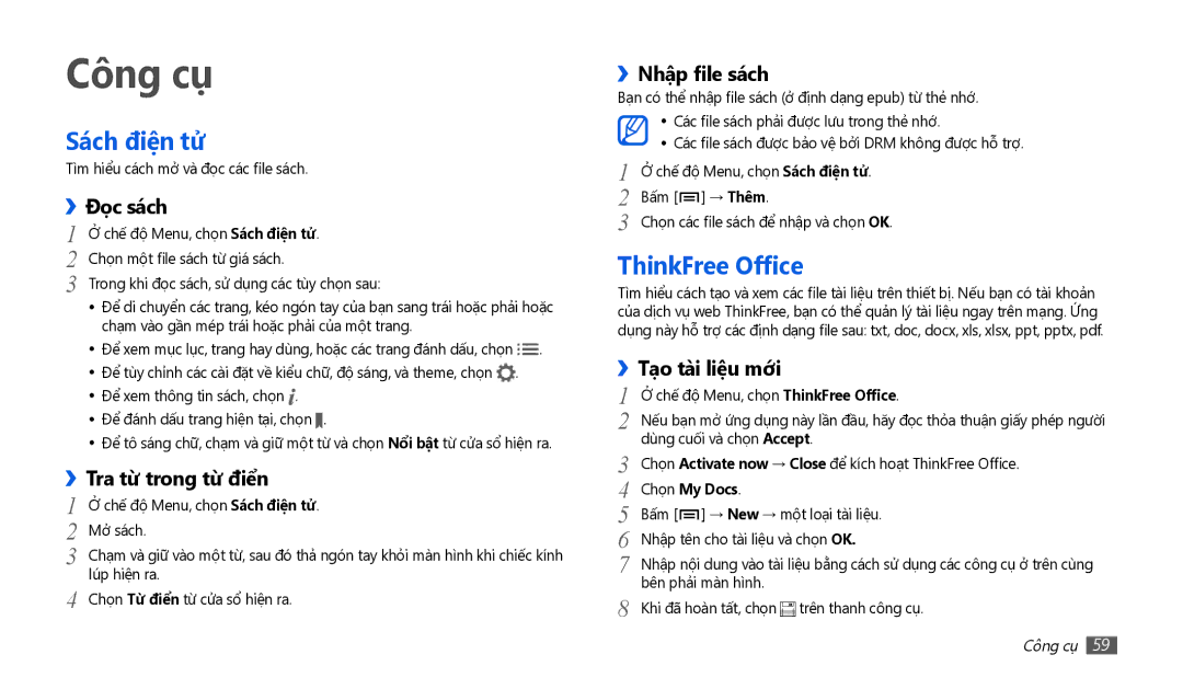 Samsung GT-P1000CWDXXV, GT-P1000MSAXEV, GT-P1000ZKAXEV, GT-P1000CWAXXV manual Công cụ̣, Sách điện tử̉, ThinkFree Office 
