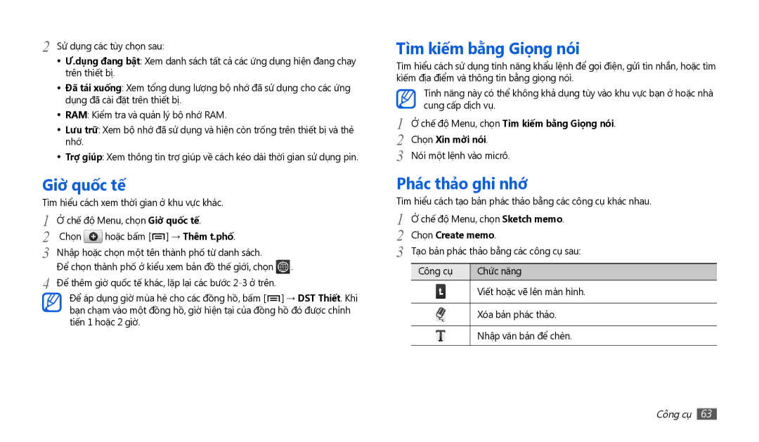 Samsung GT-P1000CWDXEV, GT-P1000CWDXXV, GT-P1000MSAXEV manual Giờ quốc tế, Tìm kiếm bằng Giọng nó́i, Phác thảo ghi nhớ 