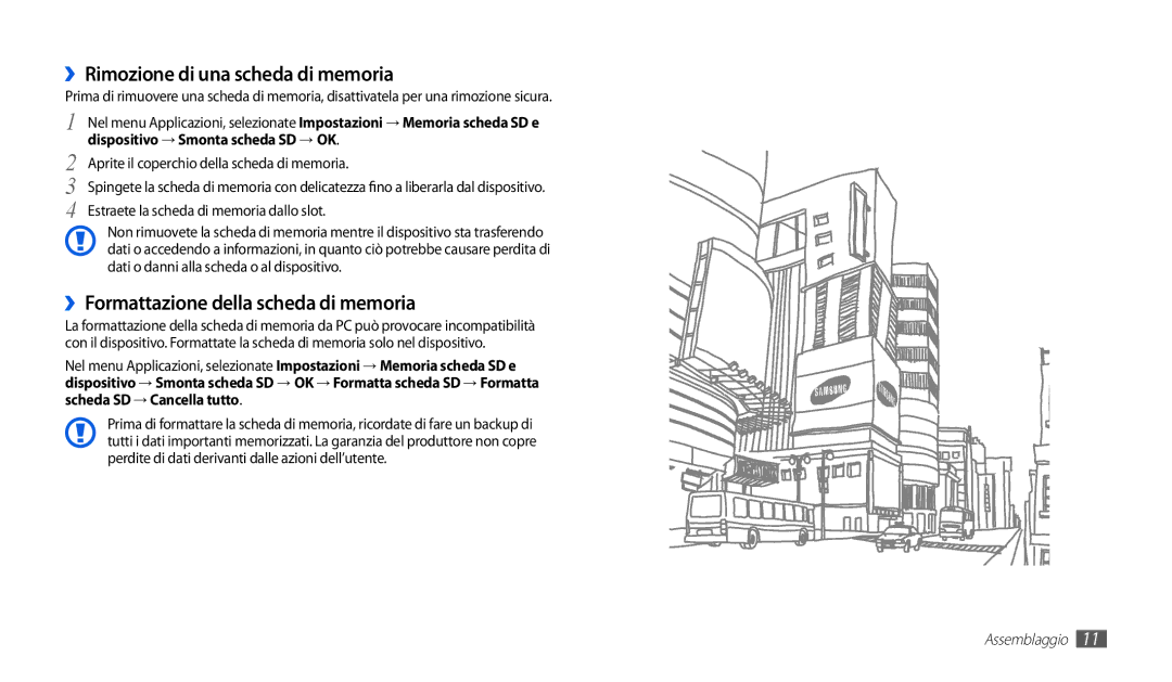 Samsung GT-P1000CWAVOM, GT-P1000MSATIM manual ››Rimozione di una scheda di memoria, ››Formattazione della scheda di memoria 