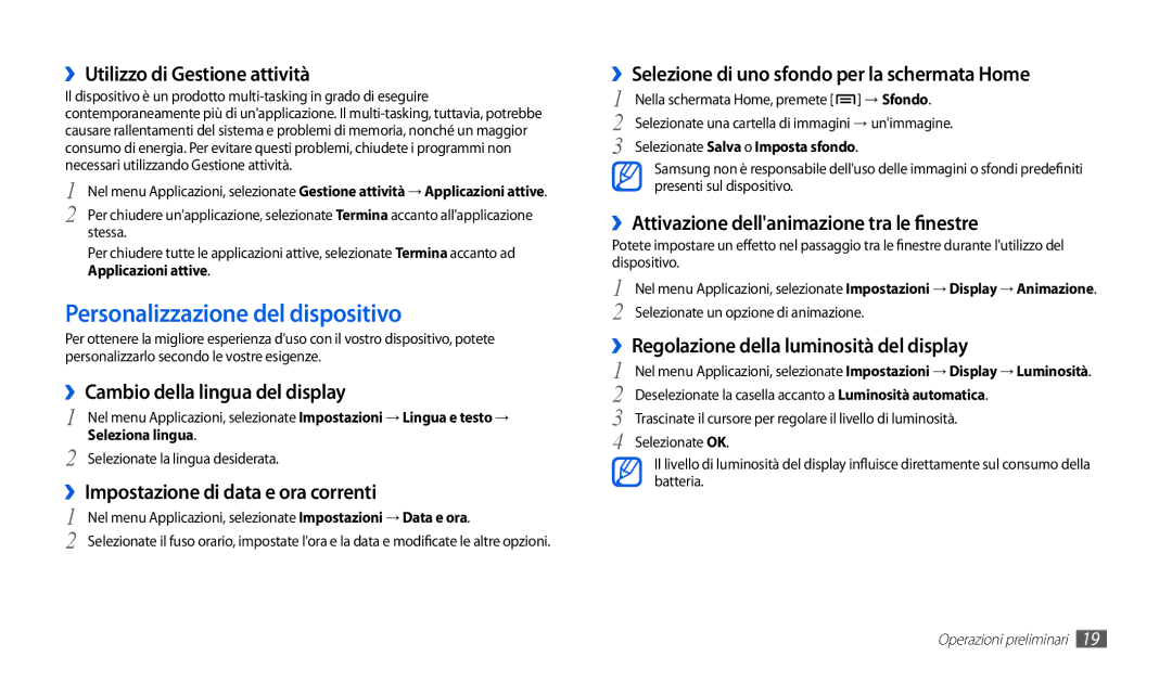 Samsung GT-P1000CWASMO, GT-P1000MSATIM, GT-P1000CWAFWB, GT-P1000CWDFWB, GT-P1000CWATIM manual Personalizzazione del dispositivo 