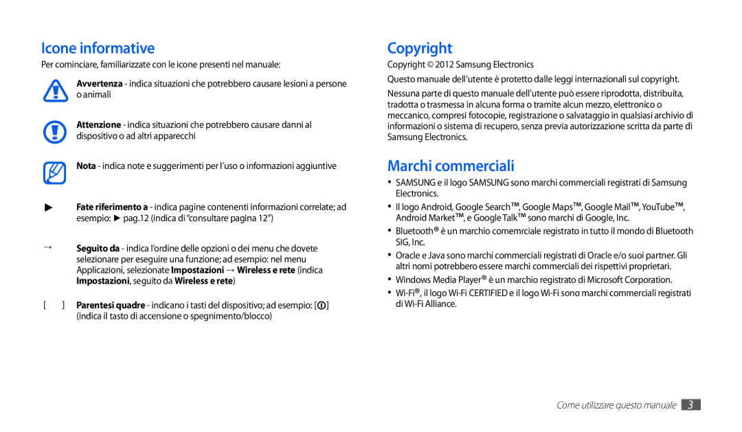 Samsung GT-P1000CWATIM, GT-P1000MSATIM, GT-P1000CWAFWB, GT-P1000CWDFWB manual Icone informative, Copyright, Marchi commerciali 