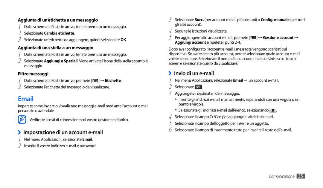 Samsung GT-P1000CWDOMN manual ››Impostazione di un account e-mail, ››Invio di un e-mail, Selezionate Cambia etichette 