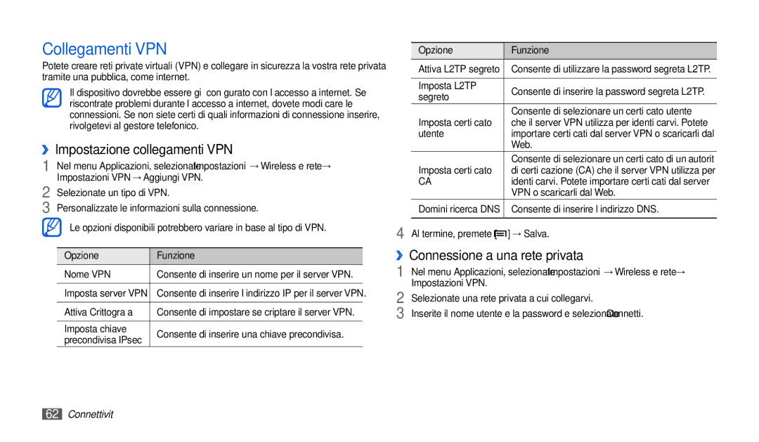 Samsung GT-P1000CWAITV, GT-P1000MSATIM Collegamenti VPN, ››Impostazione collegamenti VPN, ››Connessione a una rete privata 