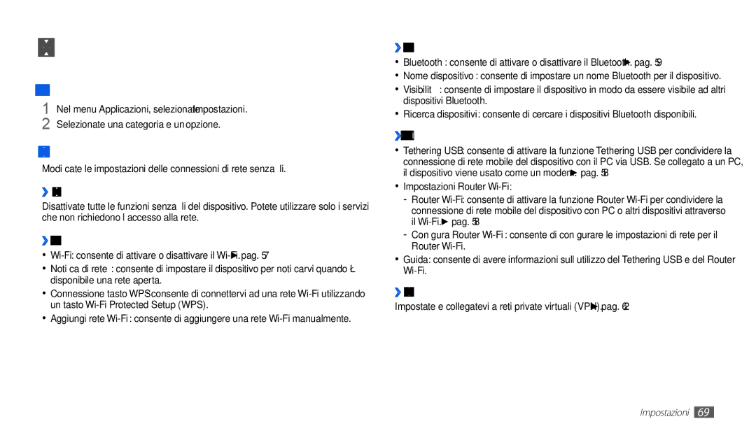 Samsung GT-P1000CWDITV, GT-P1000MSATIM, GT-P1000CWAFWB, GT-P1000CWDFWB Accesso al menu Impostazioni, Wireless e rete 