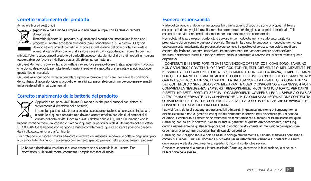 Samsung GT-P1000CWAHUI, GT-P1000MSATIM, GT-P1000CWAFWB, GT-P1000CWDFWB, GT-P1000CWATIM manual Corretto smaltimento del prodotto 